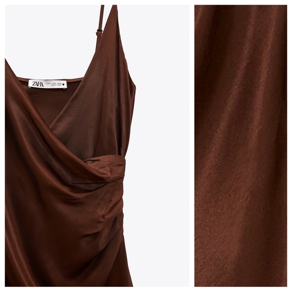 🌹NWT. Zara Brown Satin Effect Mini Dress with Side Ruching. Size S. - Picture 4 of 9